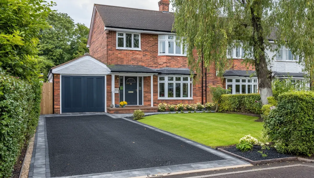 New tarmac driveway with granite border, after